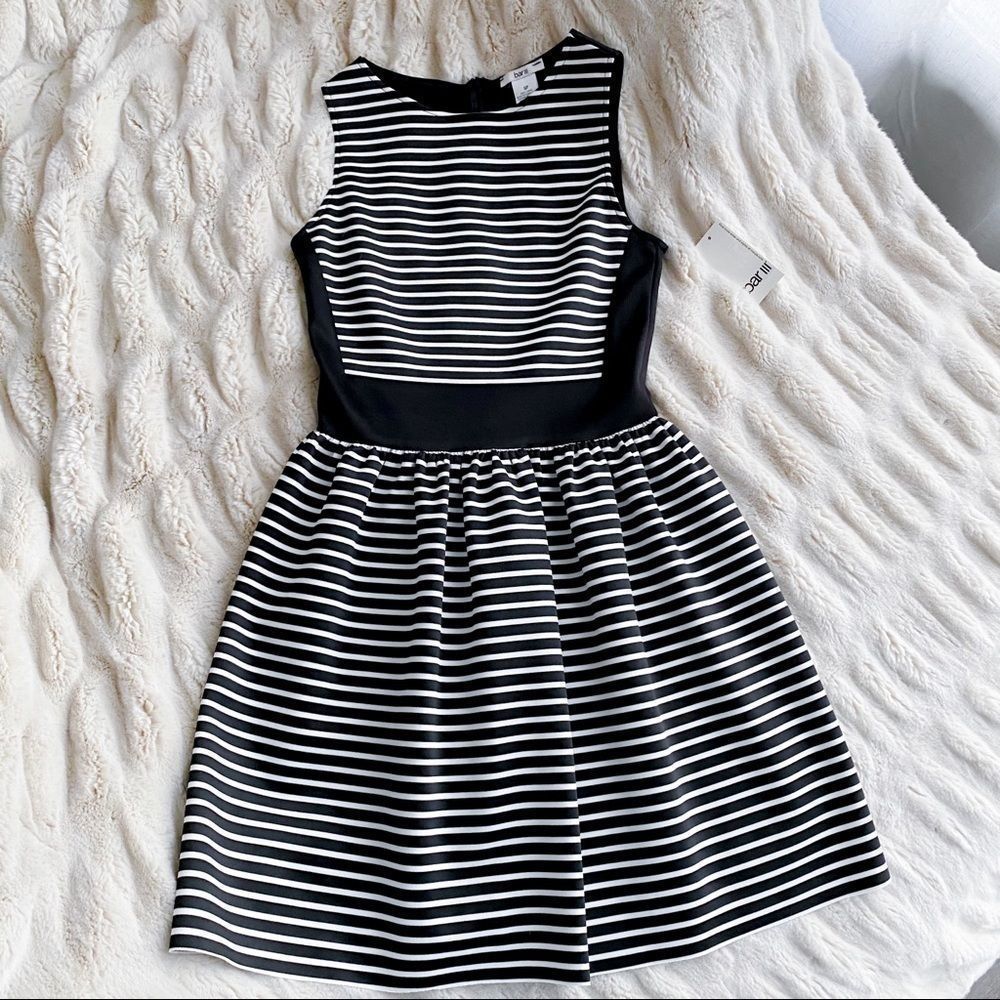 Bar III Black/White Striped Fit and Flare Dress